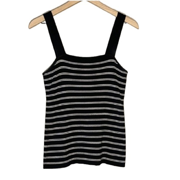 Women's S WHBM Black White Knit Striped Tank Square Neckline Thick Straps - Picture 1 of 6